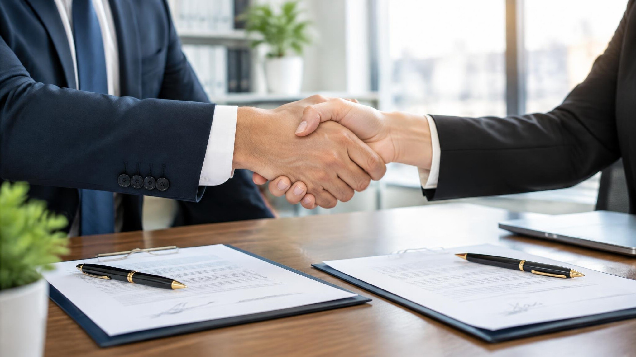 Two professionals shaking hands over a contract