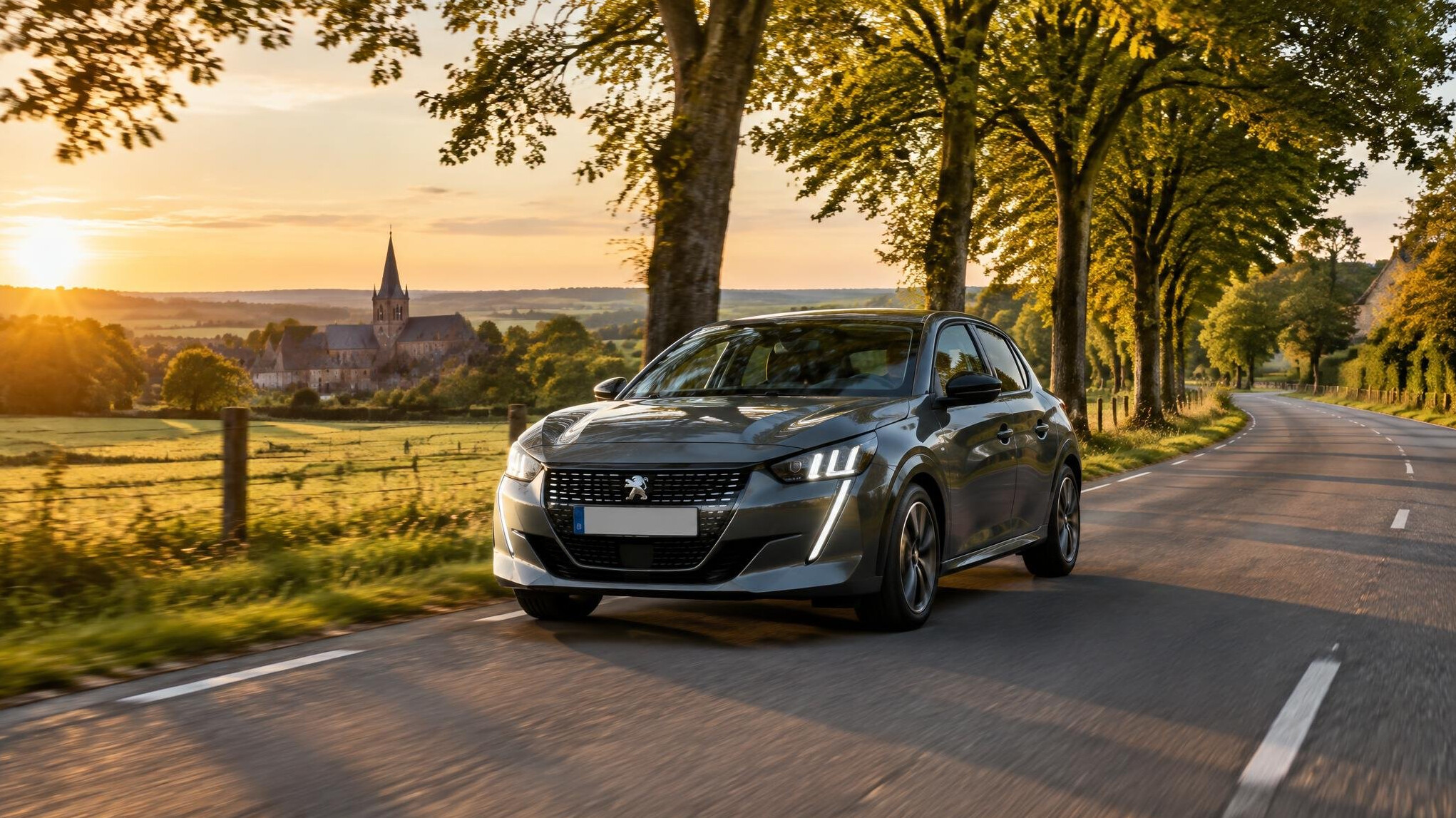 Modern car driving on a scenic European road