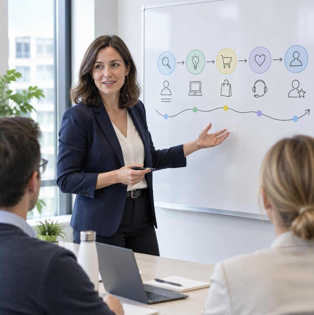 Woman presenting a process diagram on a whiteboard to colleagues