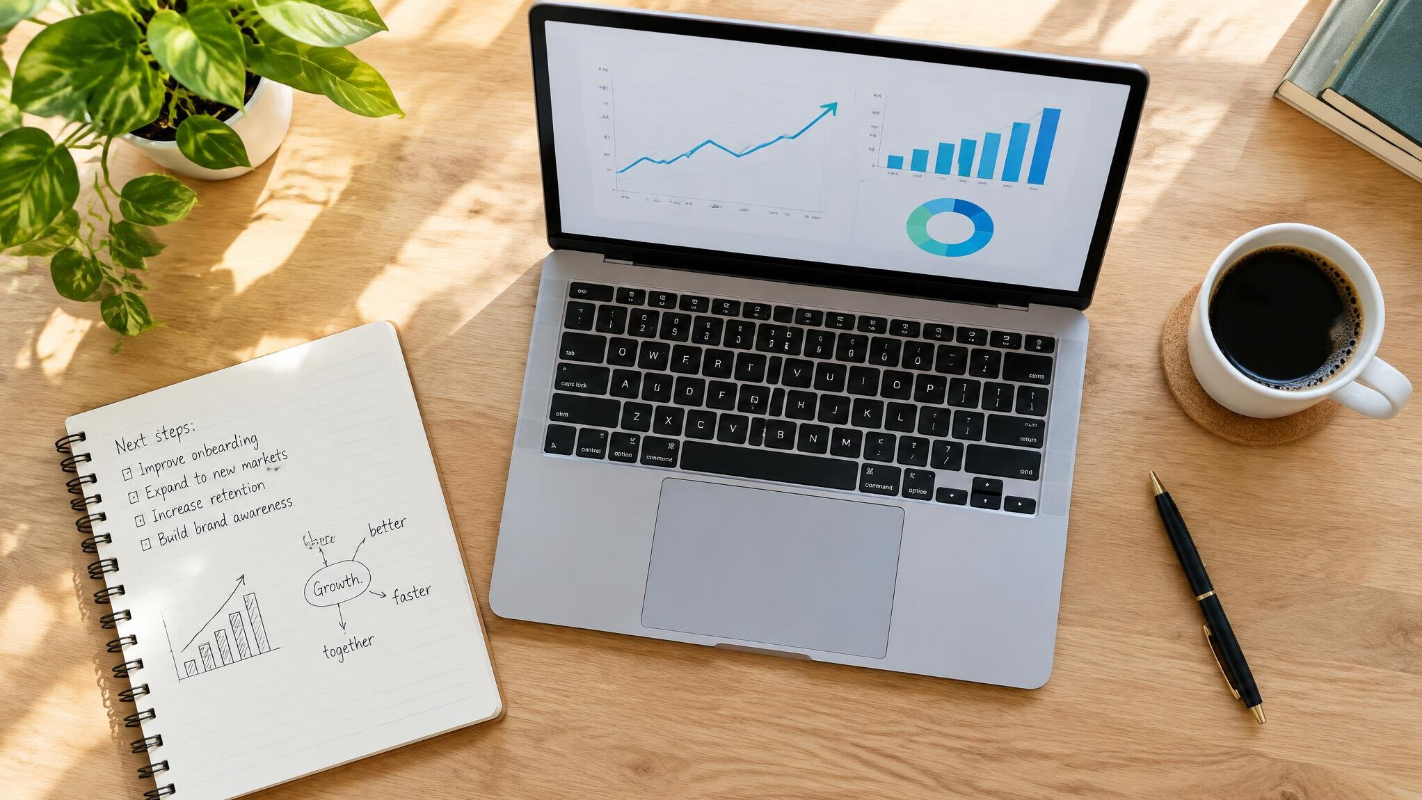 Laptop and notebook on a desk with charts